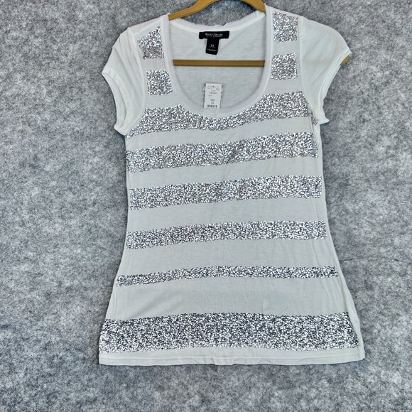 White House Black Market Womens XS Chic White Silver Sequin Striped T-Shirt NWT - Picture 8 of 8